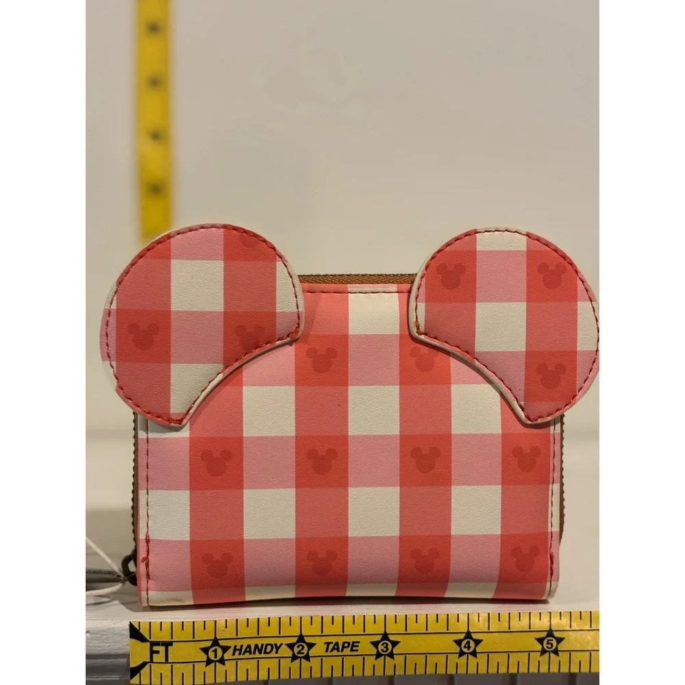 Loungefly Disney Mickey Mouse Picnic Card zip Wallet Brown Pink Gingham NWT